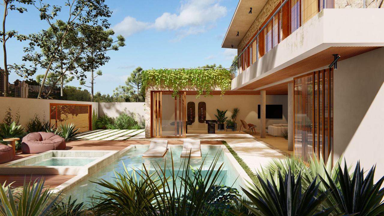 Pérgola coberta por vegetação e área gourmet integrada