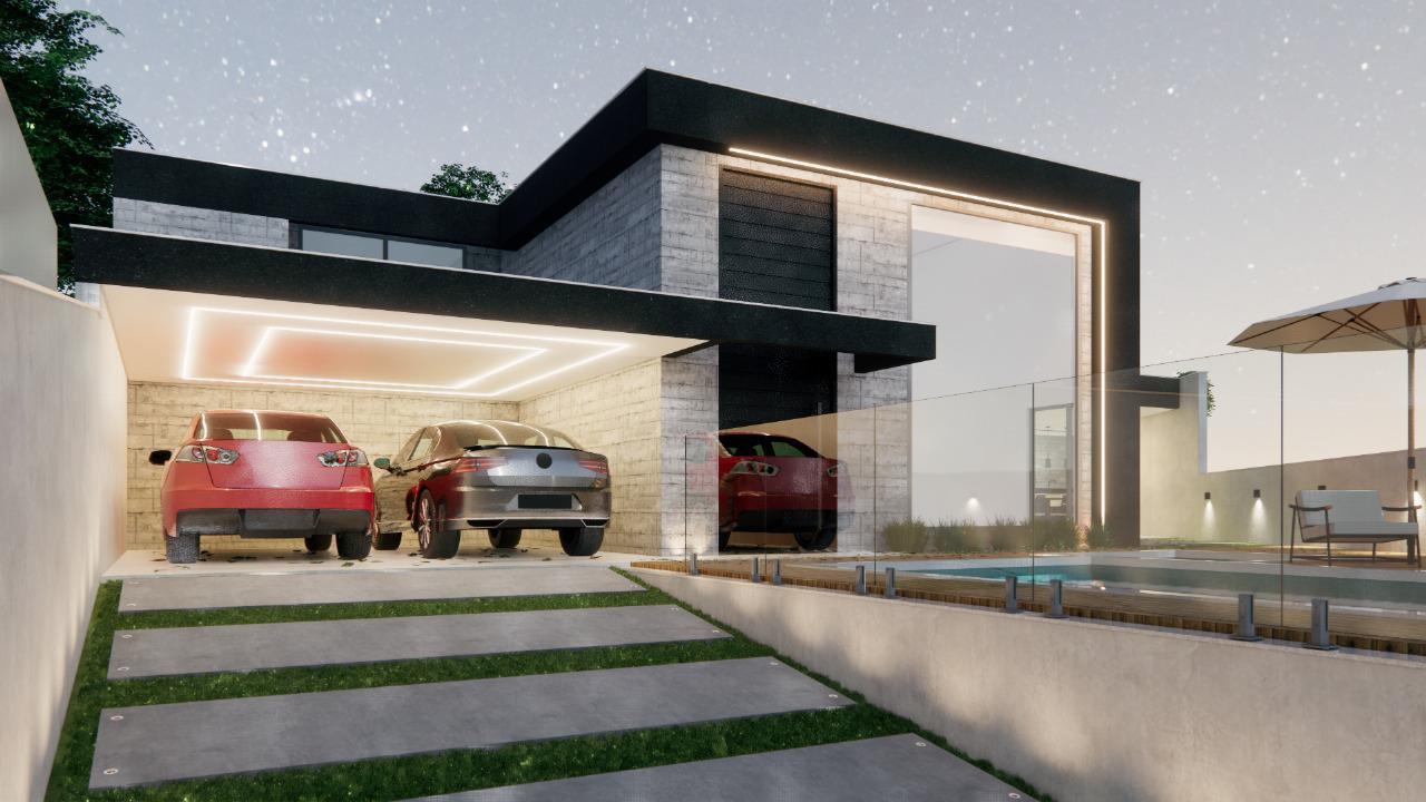 Fachada noturna com garagem iluminada — obra Gamarra