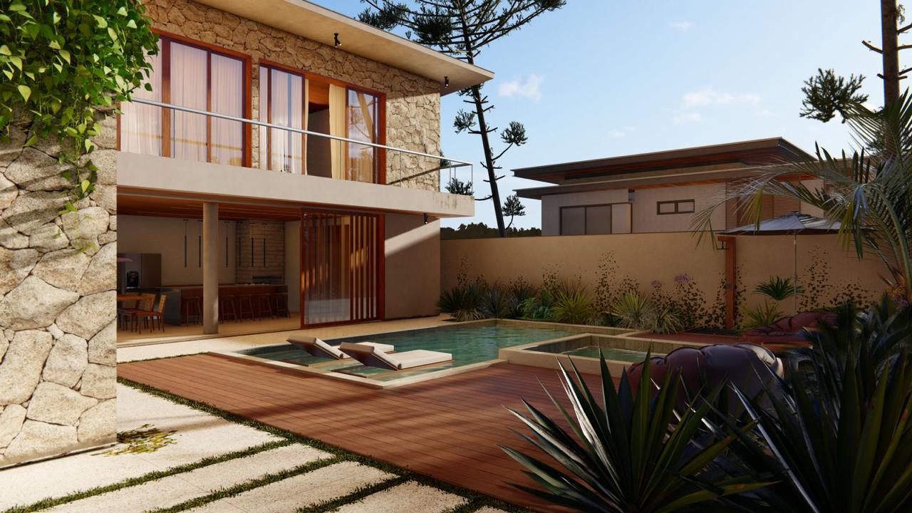 Área de lazer com piscina e deck de madeira