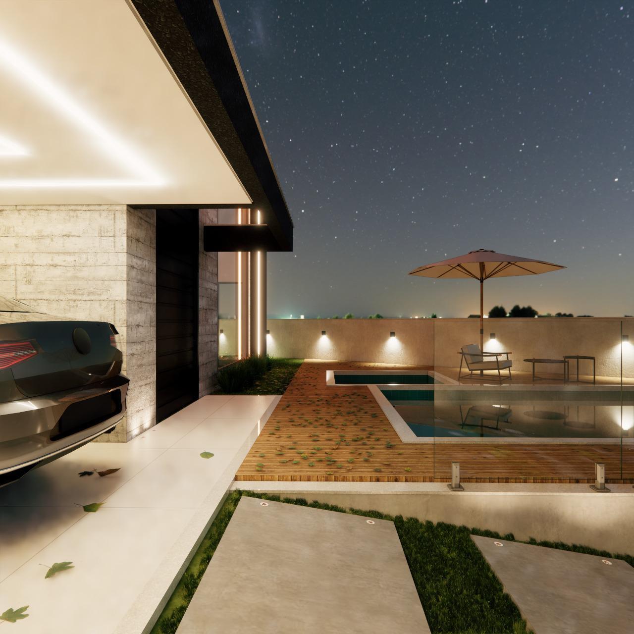 Piscina iluminada sob céu estrelado